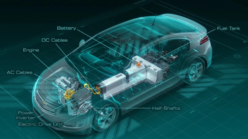  Cấu tạo chính của một chiếc xe điện với khối pin và động cơ