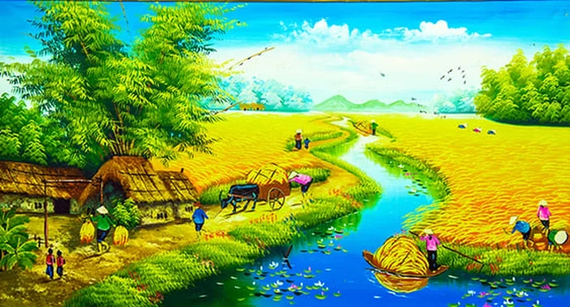 Tận hưởng vẻ đẹp lúa vàng qua tranh phong cảnh đồng lúa