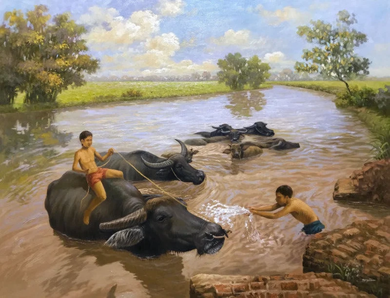 Thưởng ngoạn cánh đồng yên bình qua tranh đồng quê bắc bộ