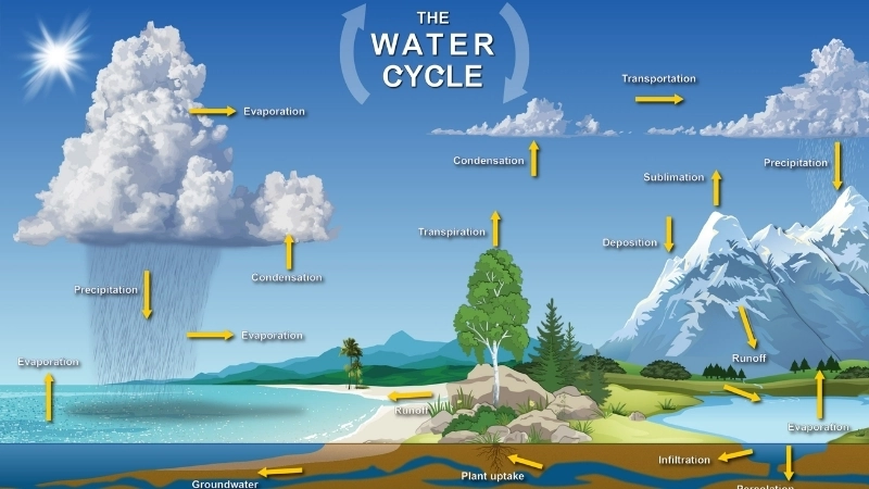  Sơ đồ chu trình nước cho thấy quá trình bay hơi và ngưng tụ tự nhiên