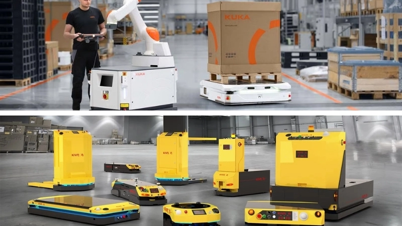 So sánh robot tự hành AGV (trái) và AMR (phải)