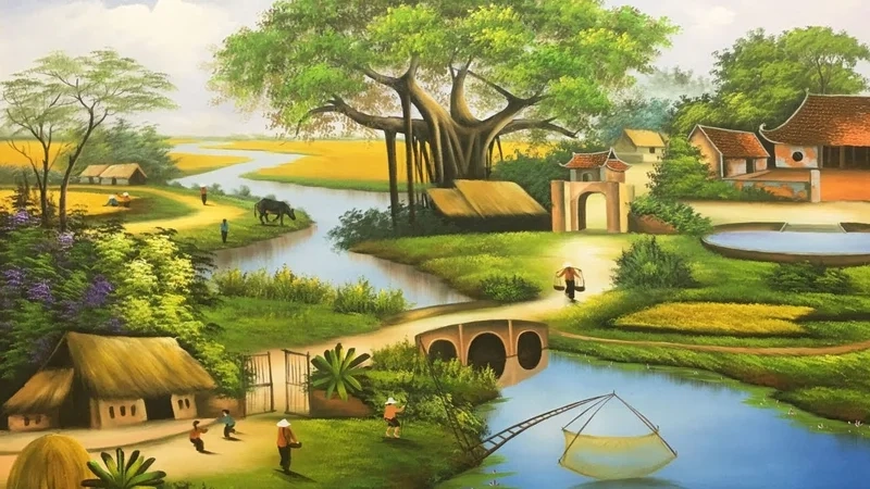 Khung cảnh giản dị nhưng đẹp qua tranh đề tài phong cảnh quê hương đơn giản