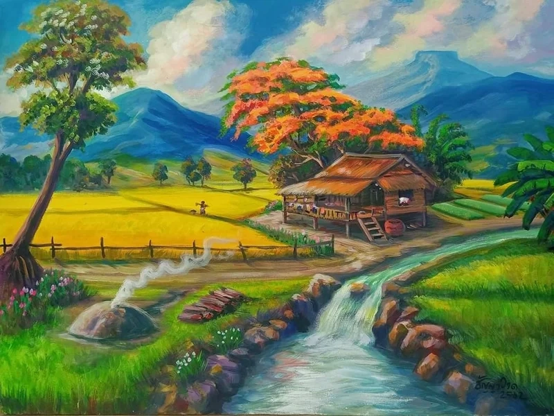 Lưu giữ tuổi thơ trong tranh với vẽ tranh đề tài phong cảnh quê hương em