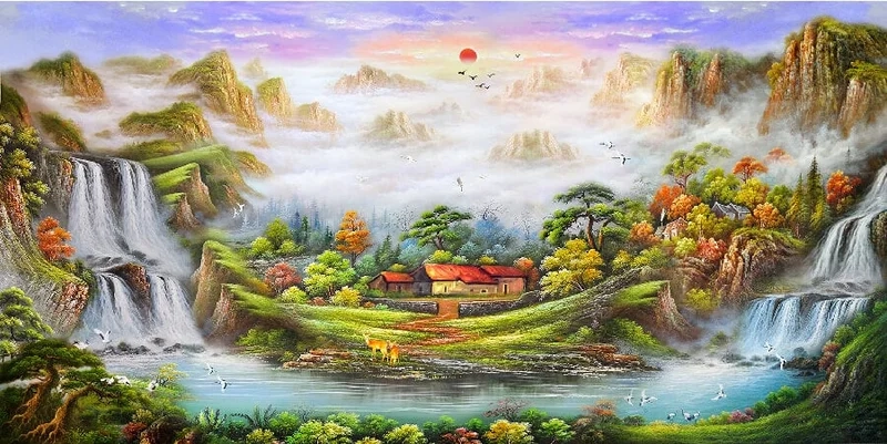 Trang trí không gian với tranh dán tường cảnh làng quê dễ chịu