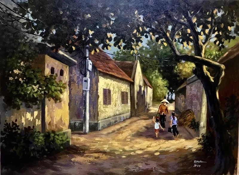 Cảm nhận hồn quê qua tranh vẽ làng quê đơn giản dịu dàng