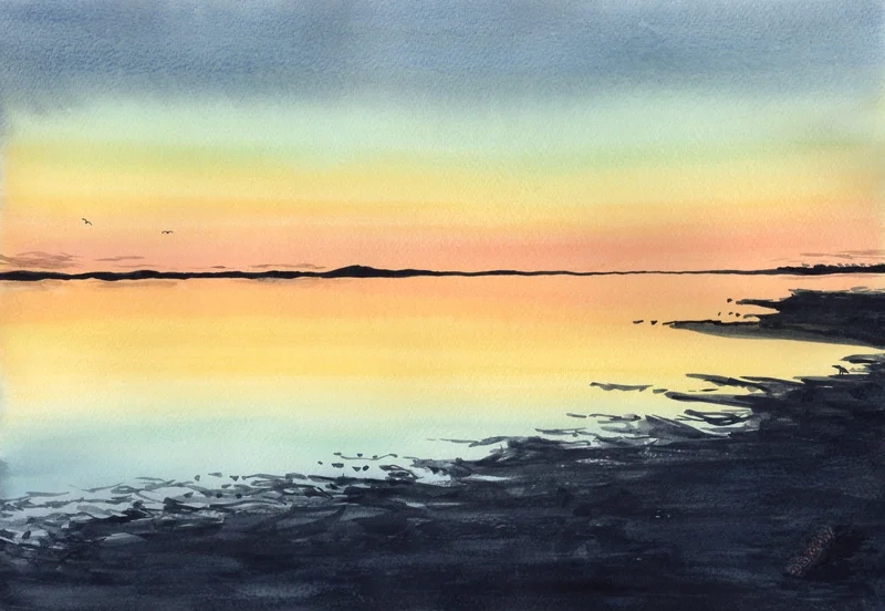 Hoàng hôn lung linh trong tranh màu nước hoàng hôn