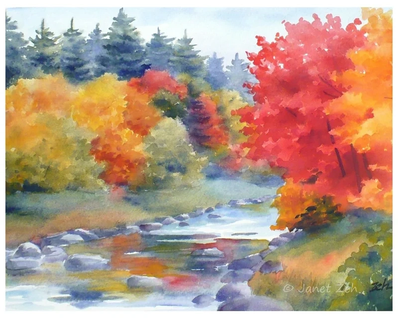 Thu vàng rực rỡ qua vẽ tranh phong cảnh mùa thu bằng màu nước