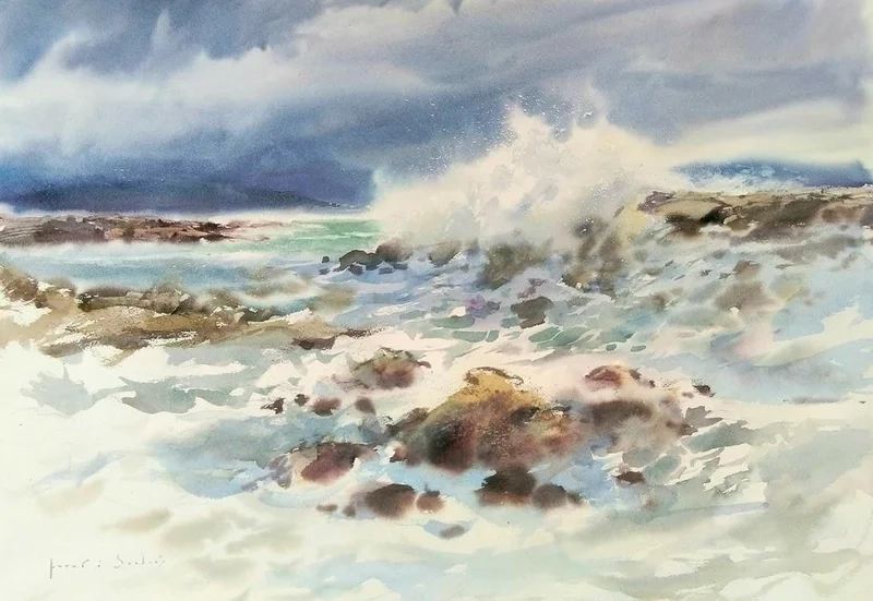 Biển xanh mênh mông hiện lên trong tranh màu nước phong cảnh biển