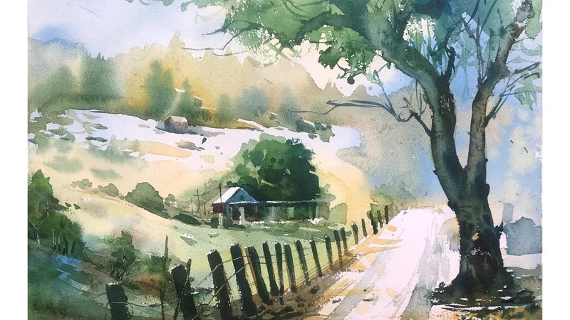 Làng quê bình yên trong tranh màu nước phong cảnh làng quê