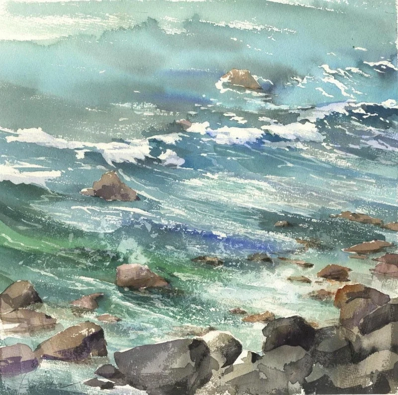 Biển xanh dịu êm qua tranh phong cảnh biển màu nước