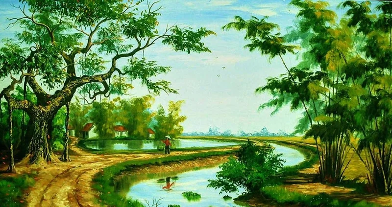 Ngắm khung cảnh yên bình với tranh vẽ cảnh quê hương em