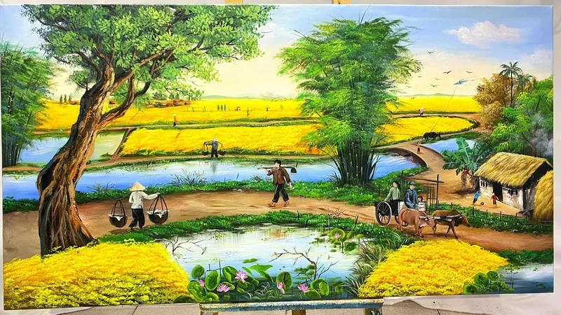 Thể hiện mùa vàng tươi qua vẽ tranh cánh đồng lúa chín