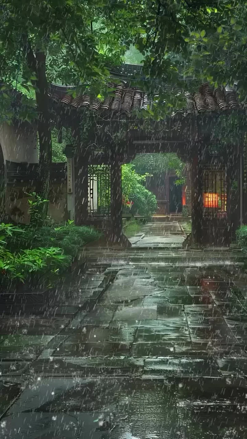 Buồn vương trên từng mái nhà trong phong cảnh mưa buồn