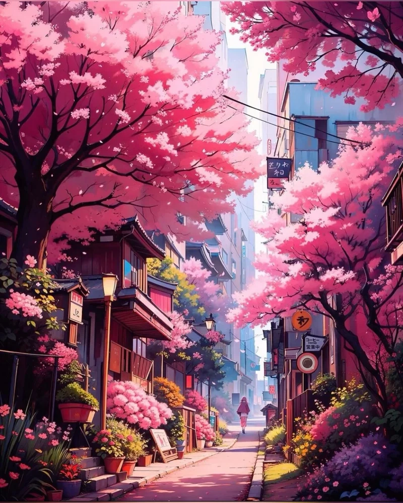 Tận hưởng vẻ thơ mộng trong phong cảnh hoa anh đào anime