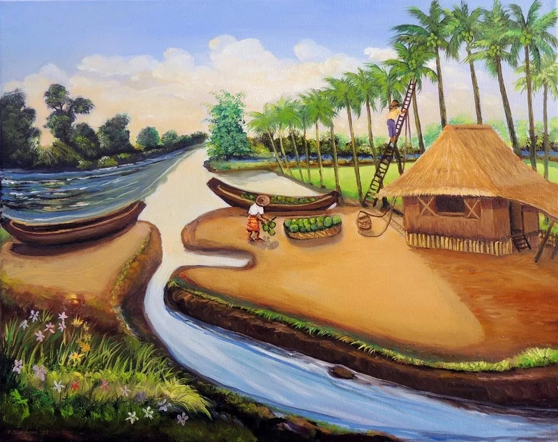 Lạc vào làng quê tĩnh lặng nhờ tranh làng quê đơn giản