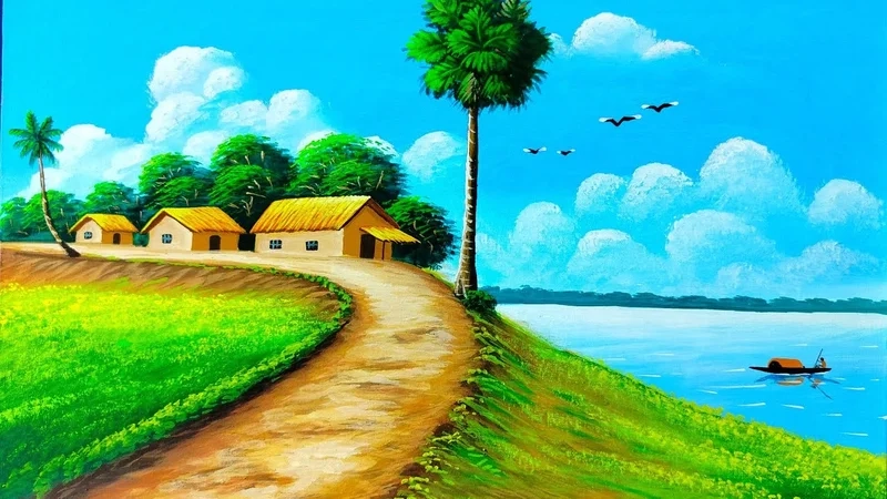 Hòa mình với làng quê qua tranh phong cảnh làng quê đơn giản