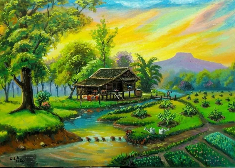 Ghi lại ký ức tuổi thơ bằng vẽ tranh phong cảnh quê hương đơn giản