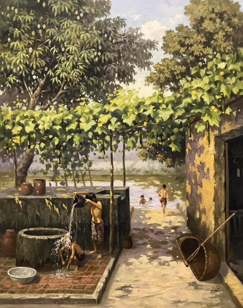 Trang trí không gian với tranh phong cảnh làng quê đơn giản