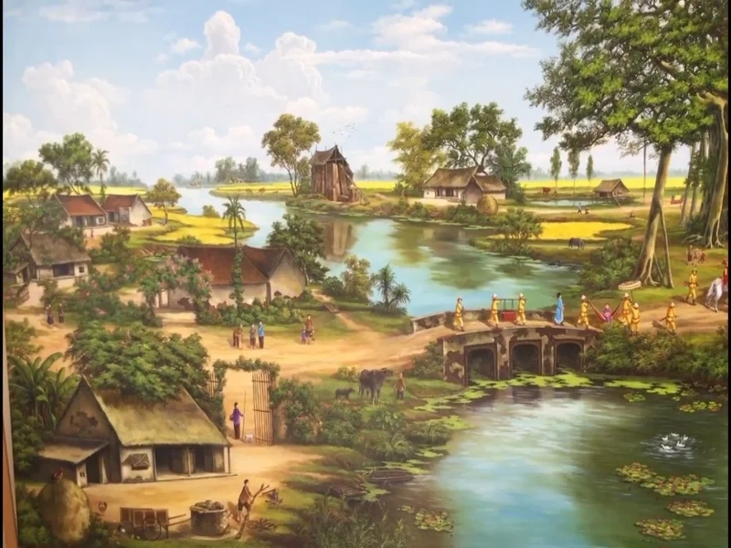 Khung cảnh mộc mạc với vẽ tranh quê hương đơn giản